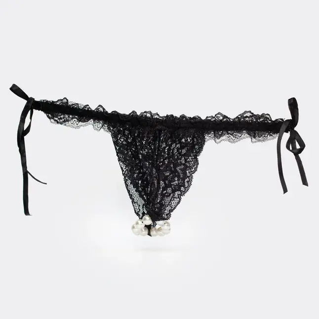 Набор Brazilian Panty: черные трусики со стимулирующими бусинами и массажный гель Sliding Gel Strawberry. Фотография 2.