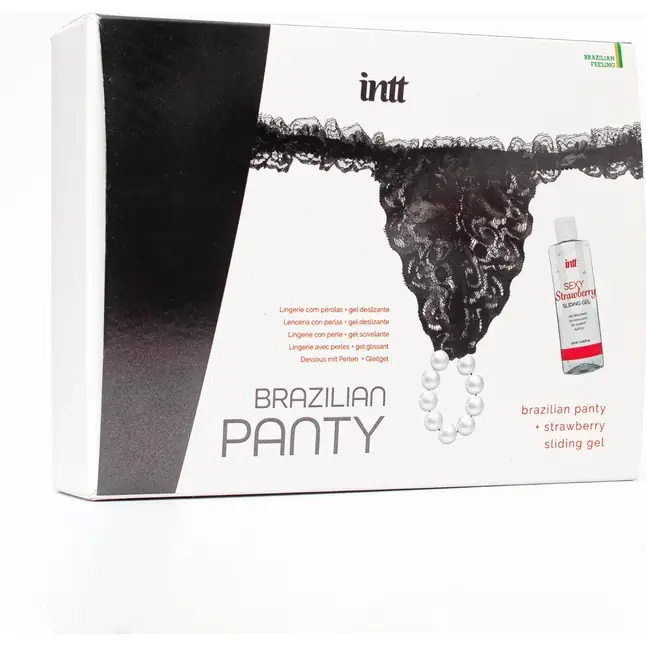 Набор Brazilian Panty: черные трусики со стимулирующими бусинами и массажный гель Sliding Gel Strawberry
