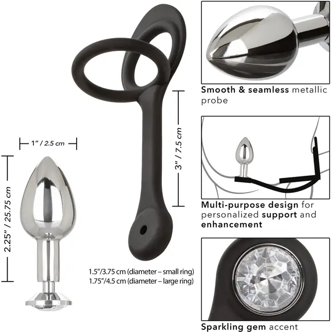 Серебристая анальная пробка с кристаллом и черным эрекционным кольцом Mini Plug - Star Fucker. Фотография 2.