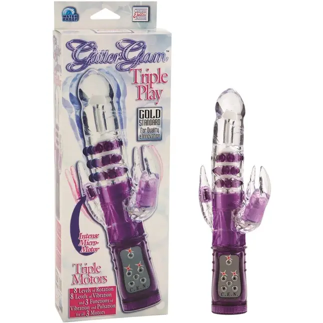 Фиолетовый тройной хай-тек вибратор GLITTER GLAM - 25 см