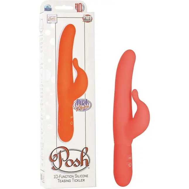 Оранжевый водонепроницаемый силиконовый вибратор Posh 10-Function Silicone Teasing Tickler - 20 см - Posh. Фотография 2.