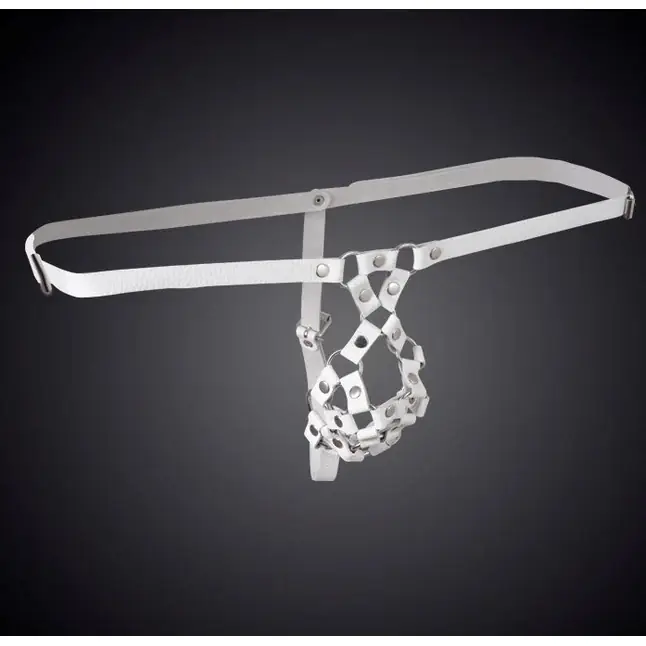 Белые мужские кожаные трусы-стринги с отверстием для фаллоса - BDSM accessories