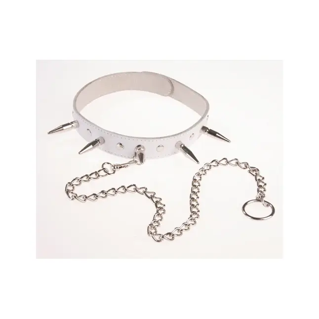 Белый кожаный ошейник с шипами и цепочкой - BDSM accessories