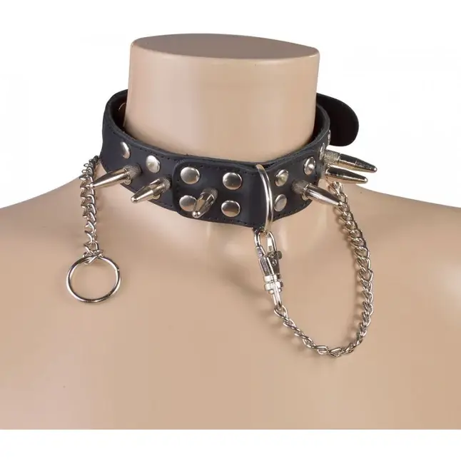 Чёрный кожаный ошейник с шипами и велюровой подкладкой - BDSM accessories. Фотография 3.