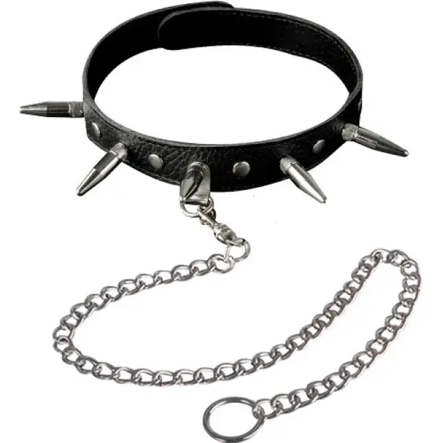 Чёрный кожаный ошейник с шипами и цепочкой - BDSM accessories. Фотография 2.