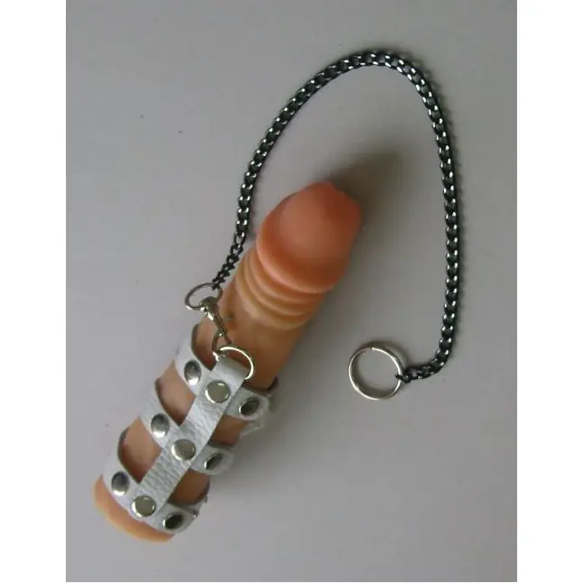 Белый кожаный поводок на пенис на кнопках - BDSM accessories