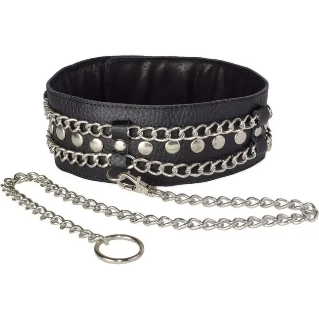 Чёрный ошейник с цепочками и поводком - BDSM accessories. Фотография 2.