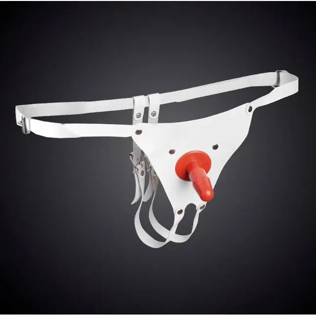 Кожаные белые универсальные трусики со штырьком для насадок - BDSM accessories