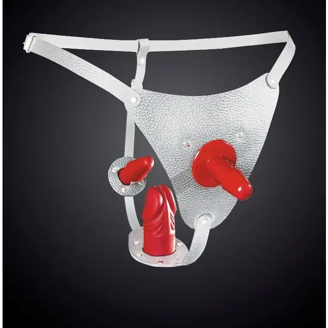 Кожаные белые трусики со штырьком для насадок - BDSM accessories