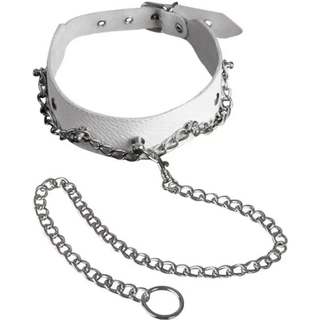 Белый ошейник с цепью - BDSM accessories. Фотография 2.