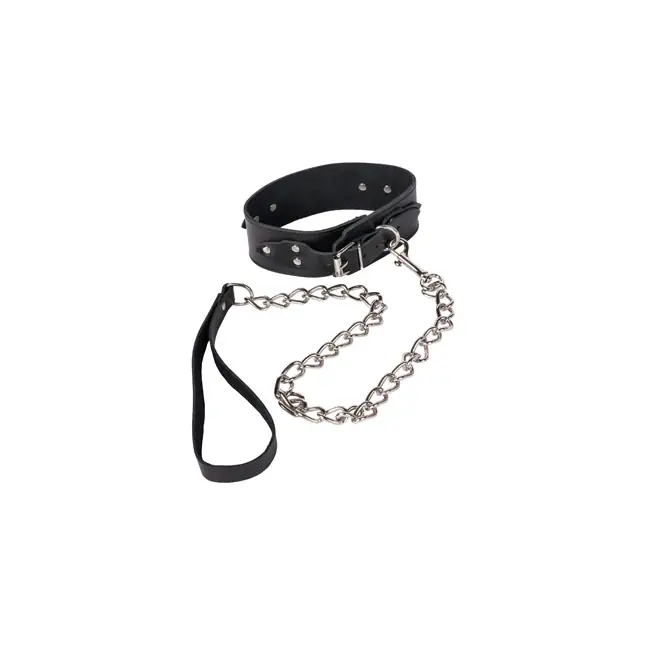 Чёрный кожаный ошейник Leather Collar с металлической цепью - Fetish Factory