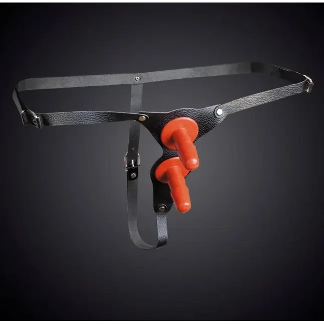 Чёрные кожаные трусики с двумя штырьками для насадок - BDSM accessories