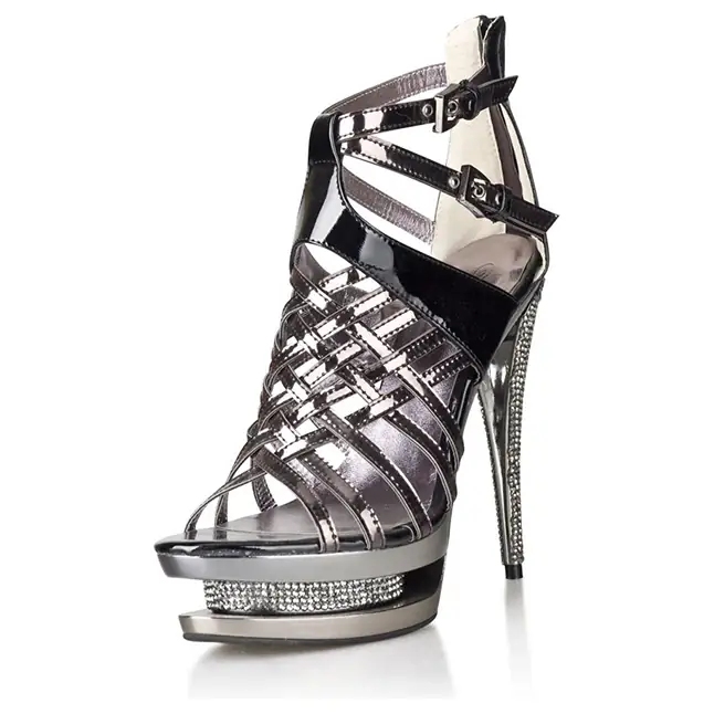 Базальтовые лаковые босоножки со стразами