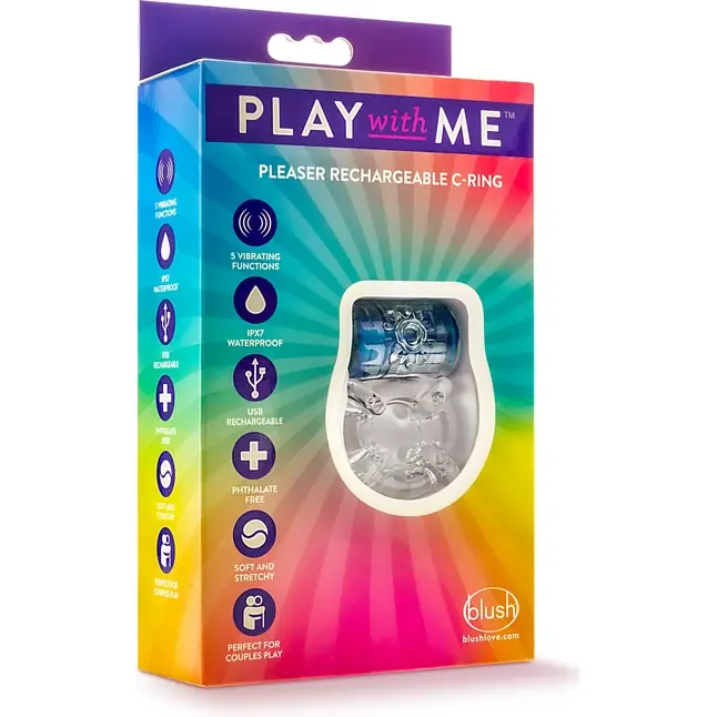 Синее эрекционное виброкольцо Pleaser Rechargeable C-Ring - Play With Me. Фотография 4.