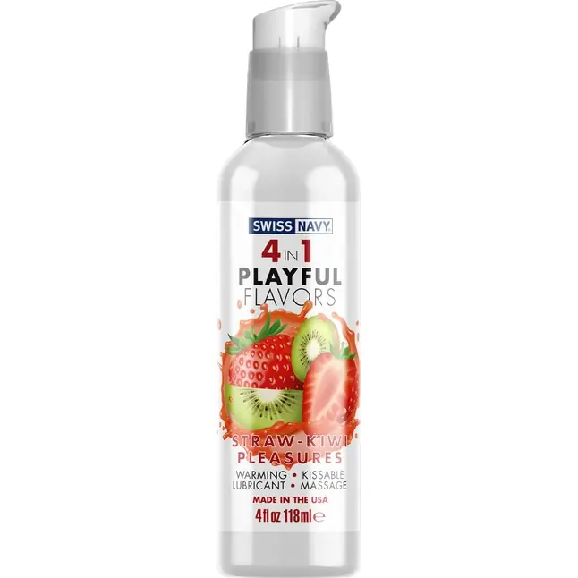 Массажный гель 4-в-1 Straw-Kiwi Pleasures с ароматом клубники и киви - 118 мл - 4-in-1 Playful Flavors