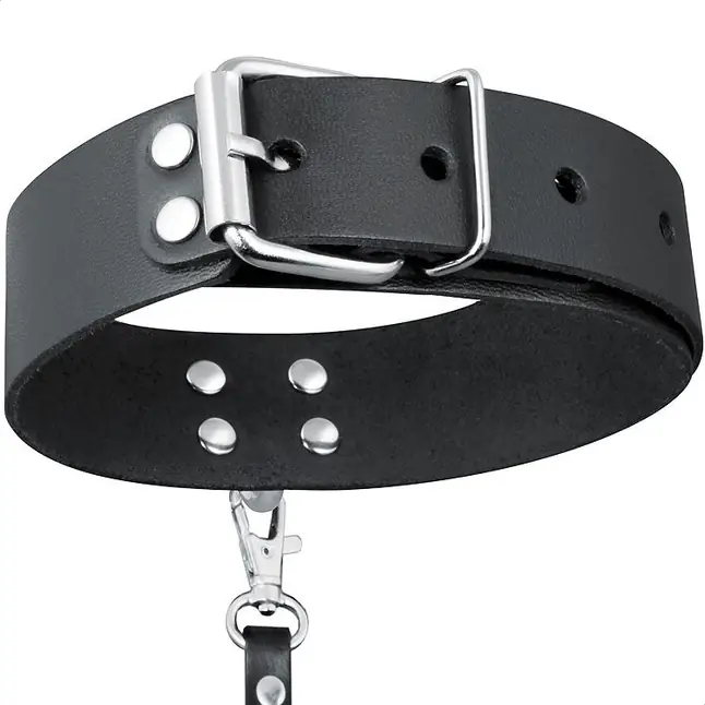 Черный кожаный ошейник с ремешком - NOTABU REAL LEATHER