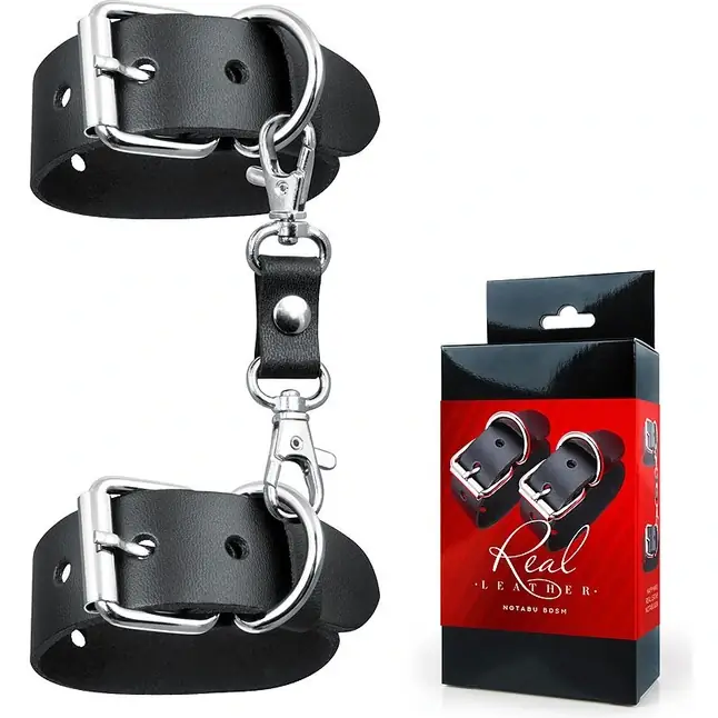 Черные кожаные наручники на застежках - NOTABU REAL LEATHER. Фотография 2.