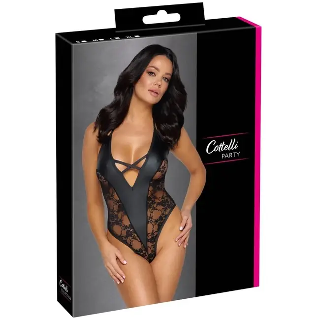 Сексуальное боди из цветочного кружева и wet-look материала - Cottelli Collection. Фотография 6.