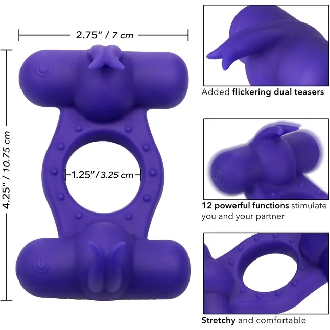 Фиолетовое эрекционное виброкольцо с двумя моторами Silicone Rechargeable Triple Orgasm Enhancer - Couples Enhancers. Фотография 4.
