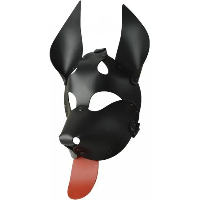 Черная кожаная маска Дог с красным языком - BDSM accessories. Фотография 2.