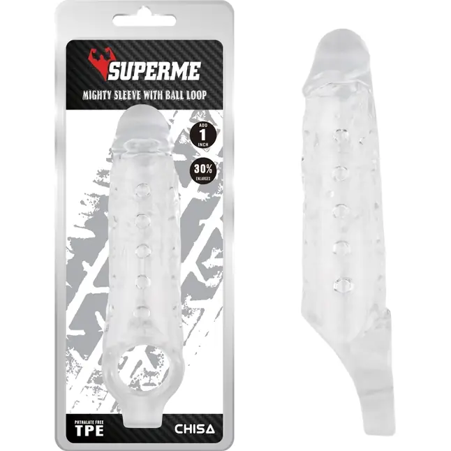Прозрачная насадка на пенис с подхватом Mighty Sleeve With Ball Loop - 22 см - SuperMe. Фотография 2.
