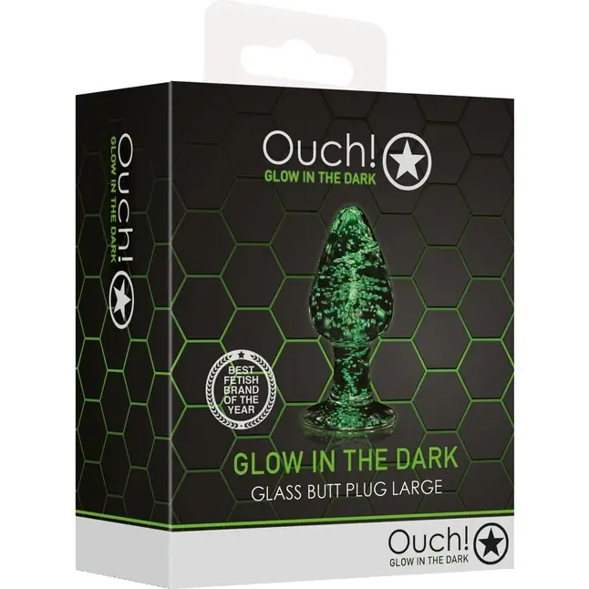 Стеклянная анальная пробка Glow in The Dark Large - 9 см - Ouch!. Фотография 2.