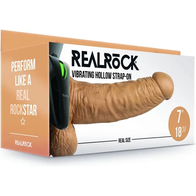 Телесный полый страпон с вибрацией - 18 см - RealRock. Фотография 2.