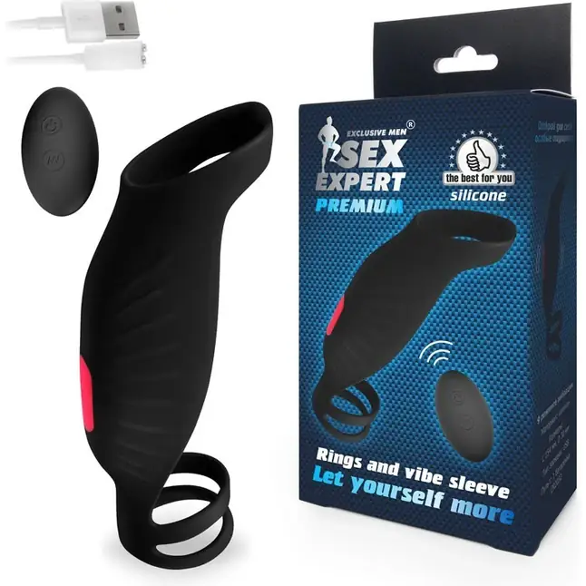 Черная насадка на пенис с вибрацией Sex Expert - 15,4 см - SEX EXPERT PREMIUM. Фотография 2.