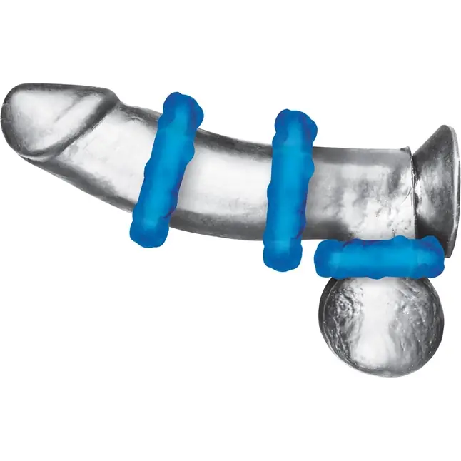 Комплект из трех голубых эрекционных колец 3-Pack Ribbed Rider Cock Ring Set. Фотография 2.