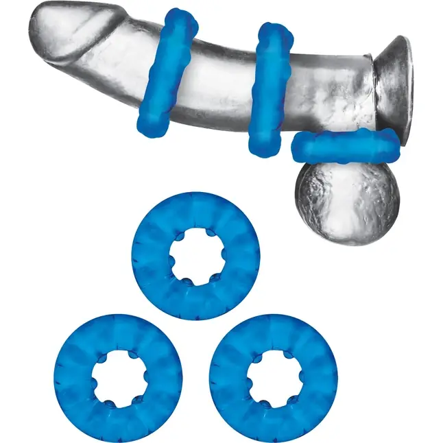 Комплект из трех голубых эрекционных колец 3-Pack Ribbed Rider Cock Ring Set. Фотография 3.