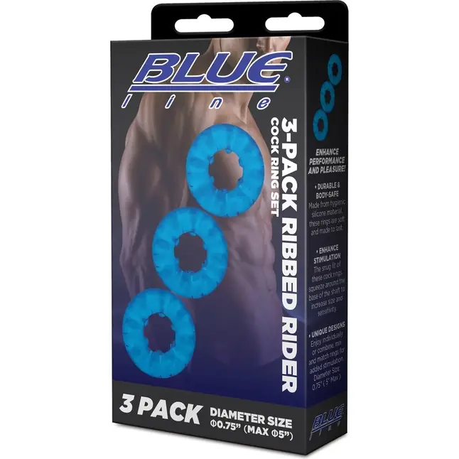 Комплект из трех голубых эрекционных колец 3-Pack Ribbed Rider Cock Ring Set. Фотография 5.