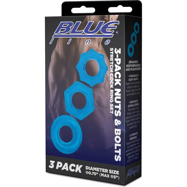 Комплект из трех голубых колец для эрекции 3-Pack Nuts Bolts Stretch Cock Ring Set. Фотография 5.