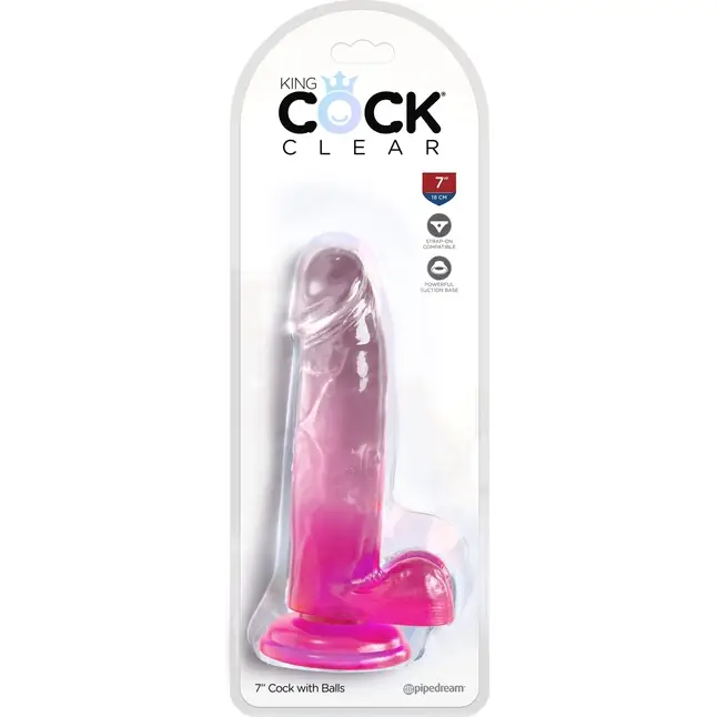 Розовый фаллоимитатор с мошонкой на присоске 7’’ Cock with Balls - 20,3 см - King Cock Clear. Фотография 2.