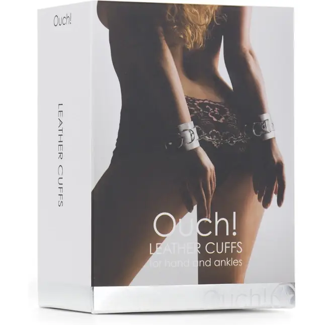 Белые наручники из кожи с заклёпками - Ouch!. Фотография 3.