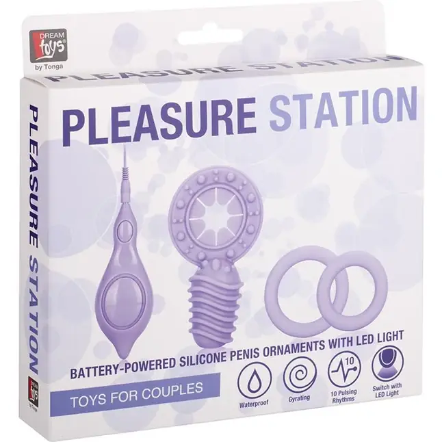 Комплект из 3 фиолетовых эрекционных колец и контроллера вибрации NEON PLEASURE STATION - Neon. Фотография 2.