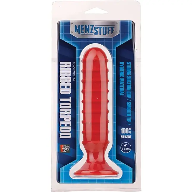 Красный силиконовый анальный стимулятор с рёбрышками MENZSTUFF RIBBED TORPEDO - 15 см - MenzStuff. Фотография 2.