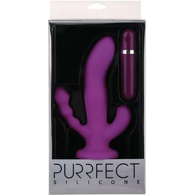 Фиолетовый вибратор с двумя дополнительными отростками PURRFECT SILICONE 3WAYS VIBRATOR 6.5INCH - 17 см - Purrfect Silicone. Фотография 2.