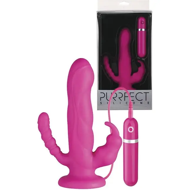 Розовый вибратор с двумя дополнительными отростками PURRFECT SILICONE 3WAYS VIBRATOR 6.5INCH - 17 см - Purrfect Silicone. Фотография 2.