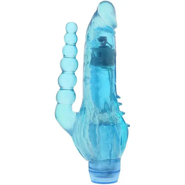 Голубой вибратор с анальным хвостом и шипами JELLY JOY CRYSTAL COX - 19 см - Jelly Joy