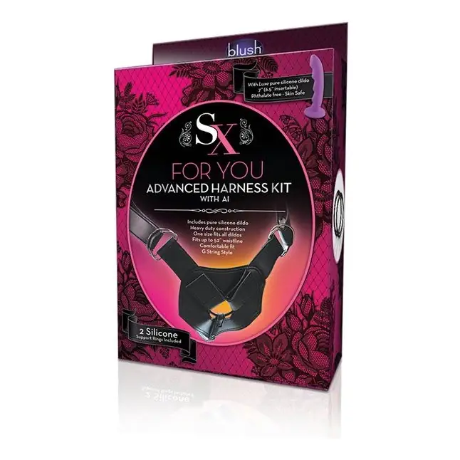 Фиолетовый страпон на регулируемом поясе с кольцами ADVANCED HARNESS KIT WITH AI - 16,5 см - SX Collection. Фотография 2.