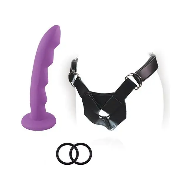 Фиолетовый страпон на регулируемом поясе с кольцами ADVANCED HARNESS KIT WITH AI - 16,5 см - SX Collection
