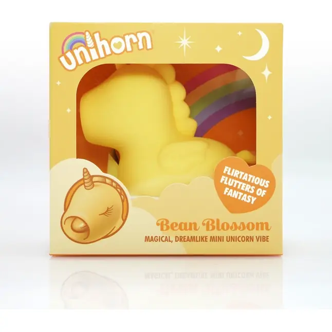 Желтый клиторальный вибромассажер Unihorn Bean Blossom с подвижным язычком. Фотография 2.
