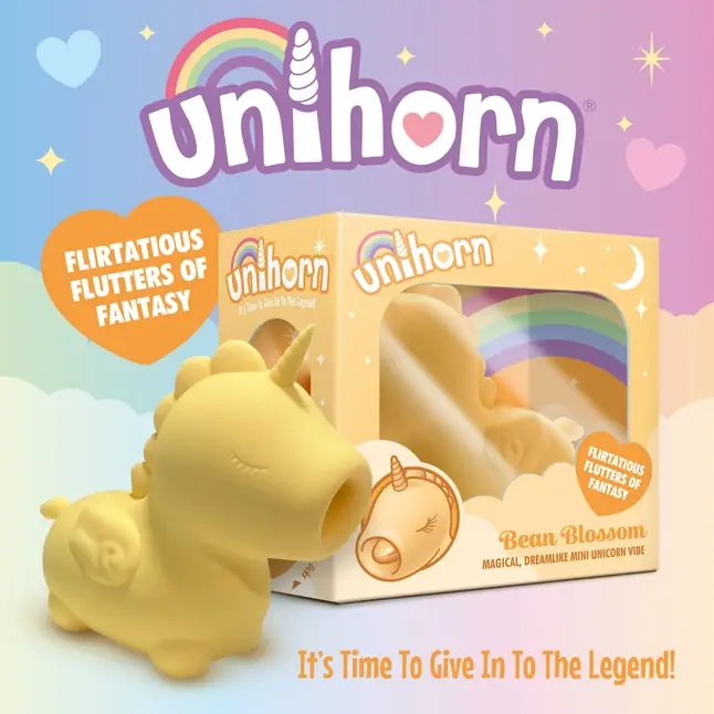 Желтый клиторальный вибромассажер Unihorn Bean Blossom с подвижным язычком. Фотография 5.