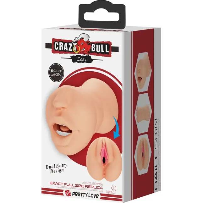 Телесный двусторонний мастурбатор Zoey - ротик и вагина - Crazy Bull. Фотография 9.