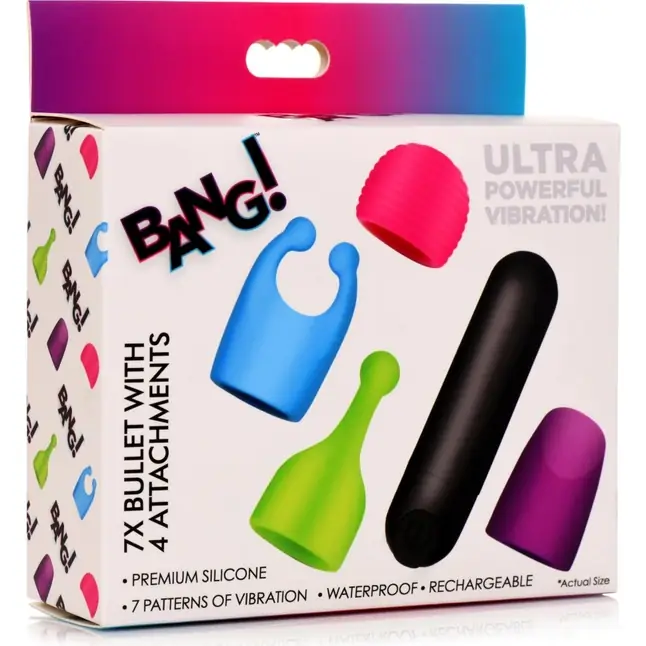Вибропуля с 4 эластичными насадками Rechargeable Bullet With 4 Attachments - Bang!. Фотография 2.