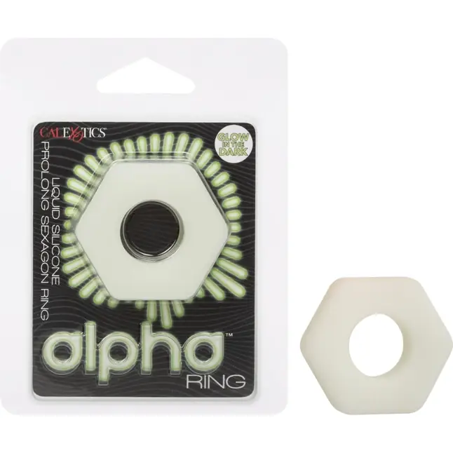 Белое люминесцентное эрекционное кольцо Glow-In-The-Dark Liquid Silicone Prolong Sexagon Ring - Alpha. Фотография 2.