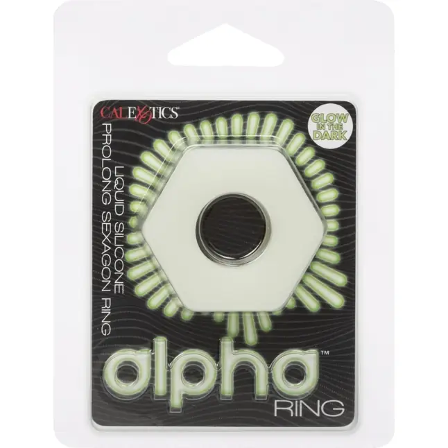 Белое люминесцентное эрекционное кольцо Glow-In-The-Dark Liquid Silicone Prolong Sexagon Ring - Alpha. Фотография 6.