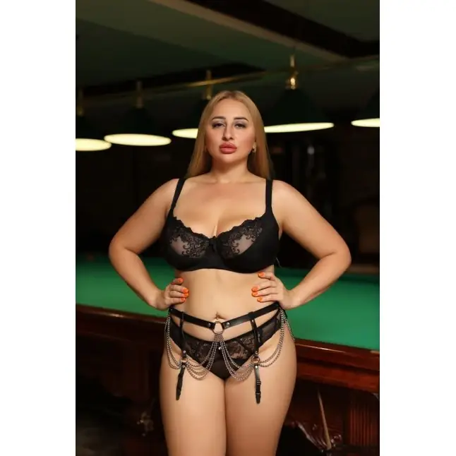 Черно-серебристый пояс для чулок plus size с цепочками. Фотография 3.