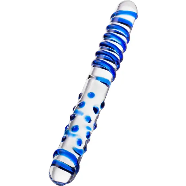 Двусторонний стеклянный фаллоимитатор с рельефом - 22 см - Sexus Glass. Фотография 3.