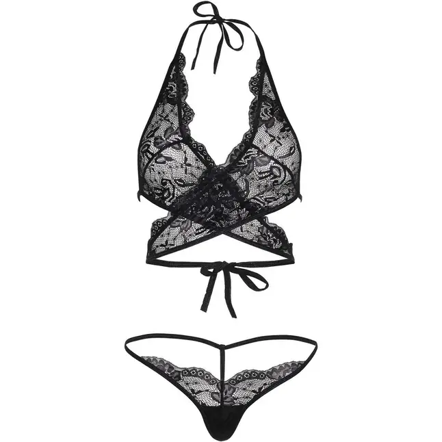 Кружевной комплект LACE WRAP AROUND TOP STRING: топ и стринги. Фотография 3.